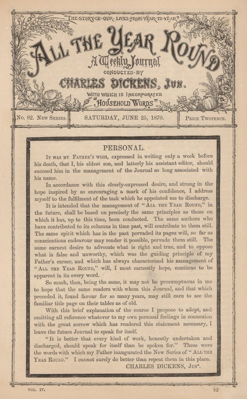 Bericht van Charles Dickens Junior in het weekblad All The Year Round, na de dood van zijn vader door English School