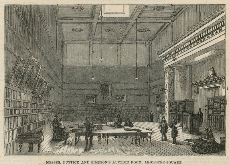 Veilingkamer van Messrs Puttick en Simpson, Leicester Square, Londen door English School