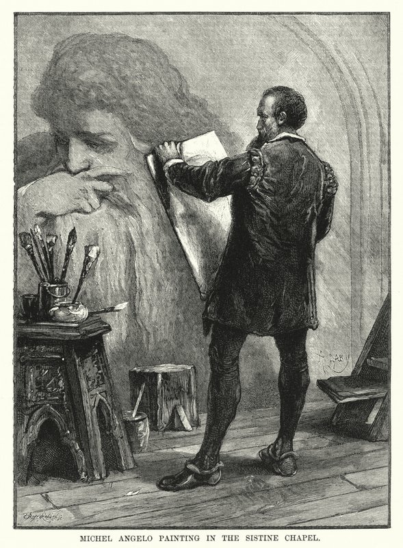 Michel Angelo schildert in de Sixtijnse Kapel door English School