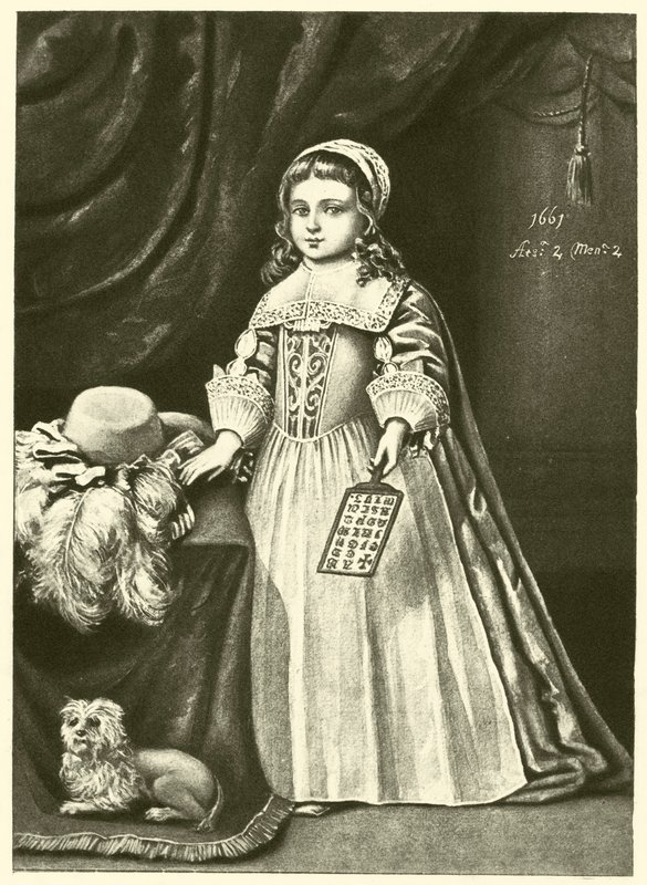 Miss Campion, met een Hoornboek (gravure) door English School