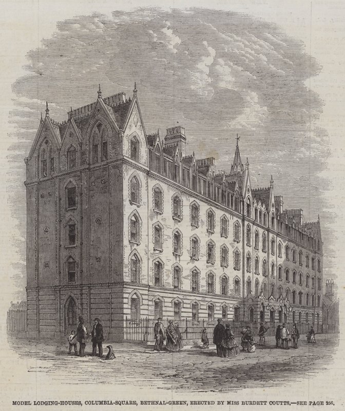 Modelwoningen, Columbia-Square, Bethnal-Green, opgericht door Miss Burdett Coutts (gravure) door English School