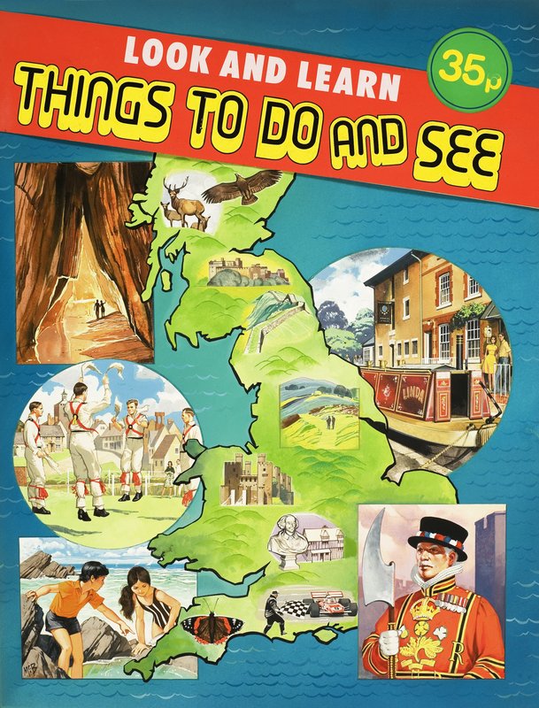 Montage van afbeeldingen rondom kaart van Groot-Brittannië door English School