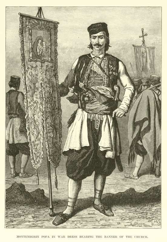 Montenegrijnse Popa in oorlogskleding met de banier van de kerk door English School