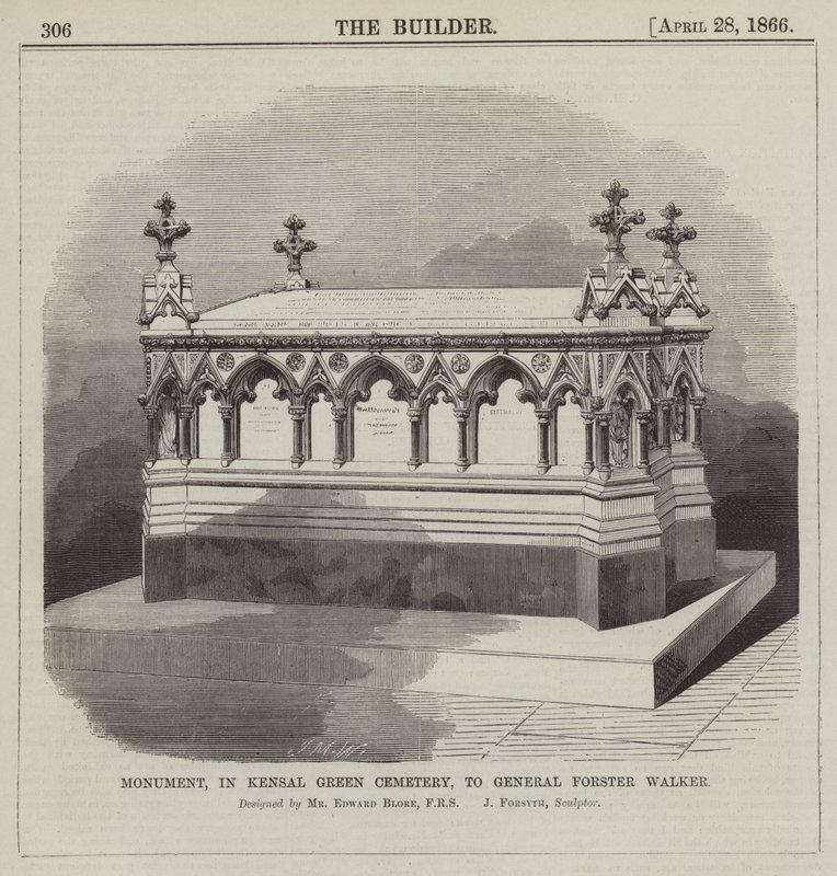 Monument, op Kensal Green Cemetery, voor Generaal Forster Walker, ontworpen door Mr Edward Blore, FRS (gravure) door English School