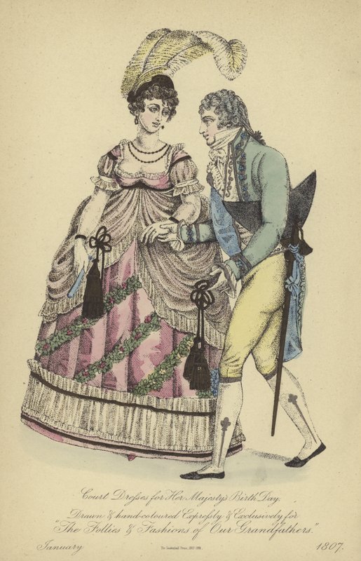 Ochtendkleding voor dames en heren (gekleurde gravure) door English School