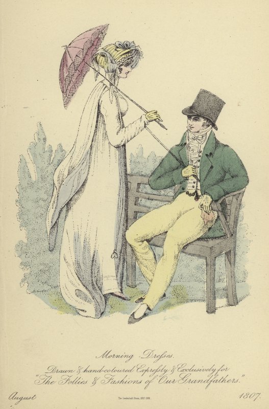Ochtend- en avondkleding voor dames en heren (gekleurde gravure) door English School
