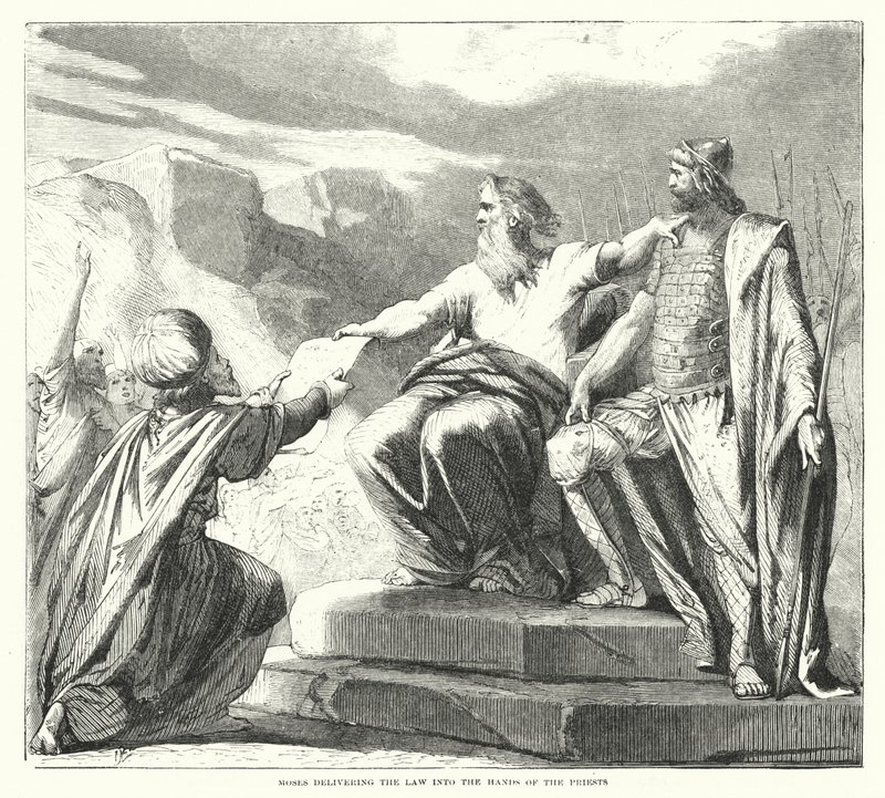 Mozes geeft de wet aan de priesters (gravure) door English School