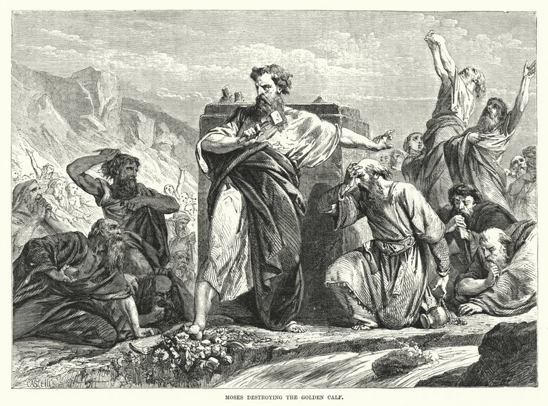 Mozes vernietigt het gouden kalf (gravure) door English School