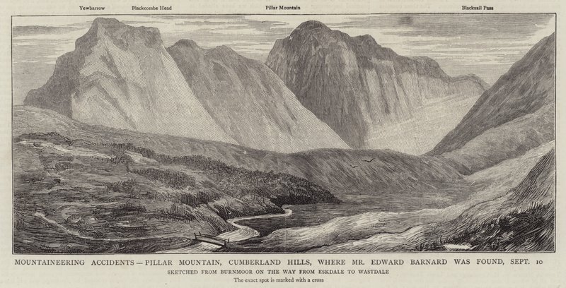 Bergbeklimmingsongelukken, Pillar Mountain, Cumberland Hills, waar Mr Edward Barnard werd gevonden door English School