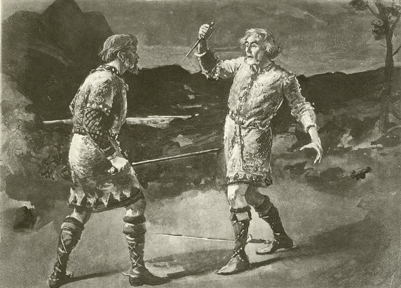 Mr Alexander als Macduff, en Mr Irving als Macbeth (gravure) door English School