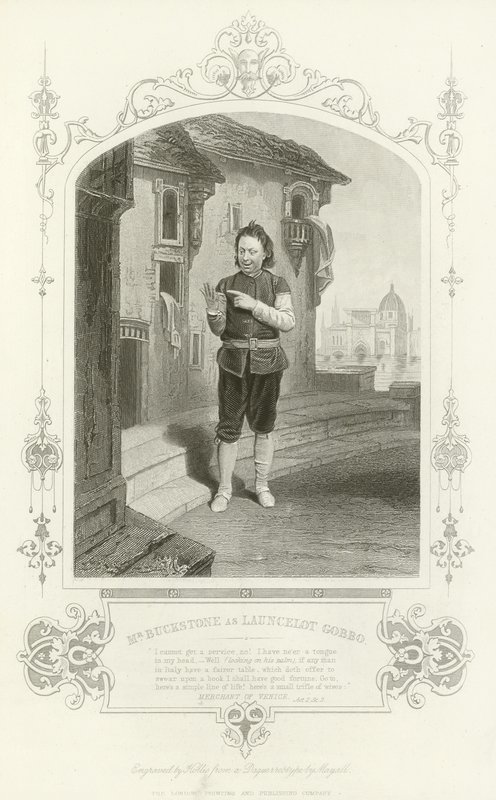 Meneer Buckstone als Launcelot Gobbo, De Koopman van Venetië door English School