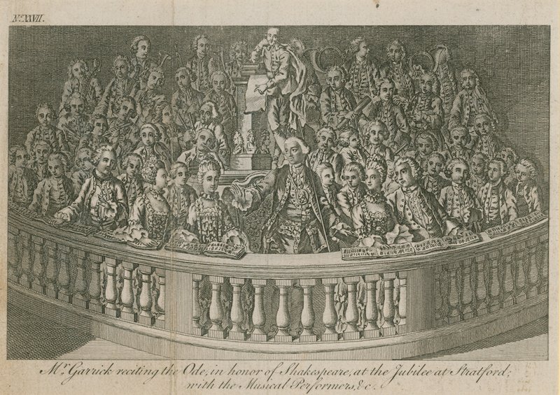 De heer David Garrick reciteert de Ode ter ere van William Shakespeare op het jubileum in Stratford door English School