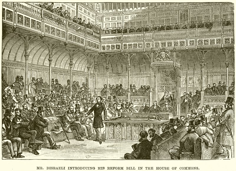 Mr. Disraeli introduceert zijn Hervormingswet in het Lagerhuis door English School