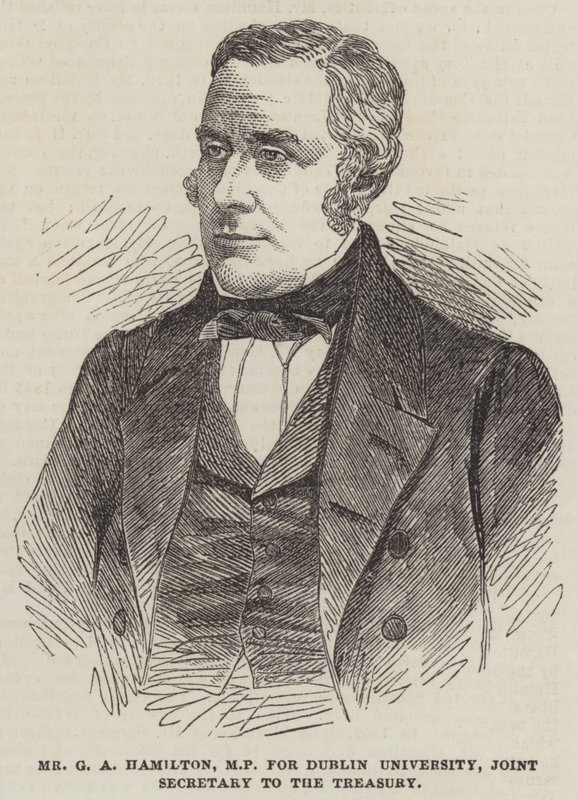 Mr G A Hamilton, MP voor Dublin University, gezamenlijk secretaris van de schatkist door English School