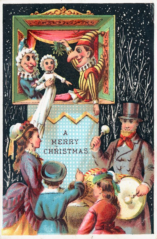 Mr. Punch met maretak, kerstkaart door English School
