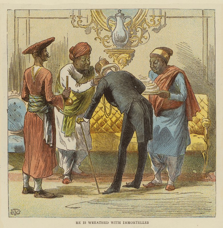 Bruiloftsfeest van de heer Row Bahawdur Ramchunder Gopaldas (kleur litho) door English School