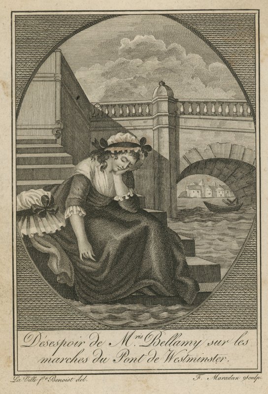 Mevrouw Bellamy in wanhoop op de trappen van de Westminster Bridge door English School