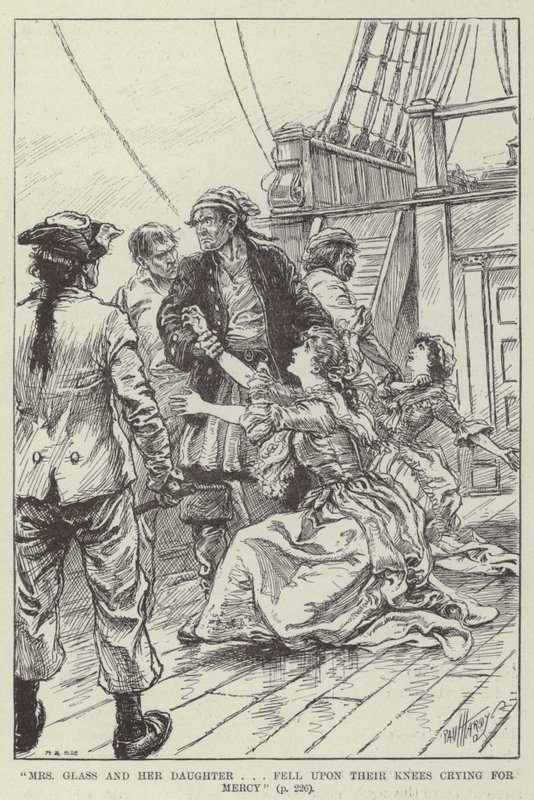 "Mevrouw Glass en haar dochter vielen op hun knieën en riepen om genade" (gravure) door English School