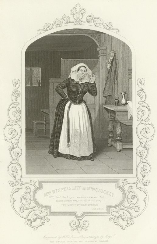 Mevrouw Winstanley als Mevrouw Quickly, De Vrolijke Vrouwtjes van Windsor, Act II, scène ii door English School
