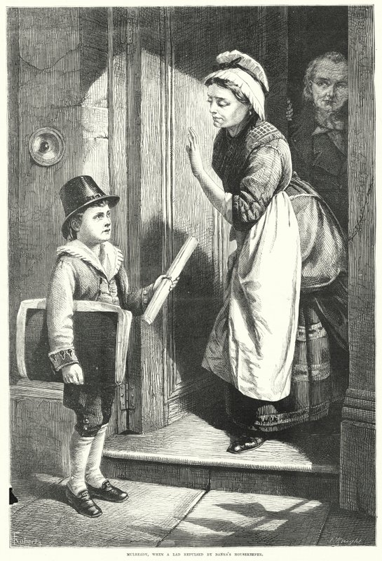 Mulready, als jongen afgewezen door de huishoudster van Bank (gravure) door English School