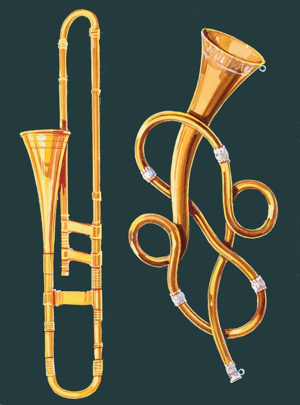 Muziekinstrumenten: Trombone en Labyrint Trompet door English School
