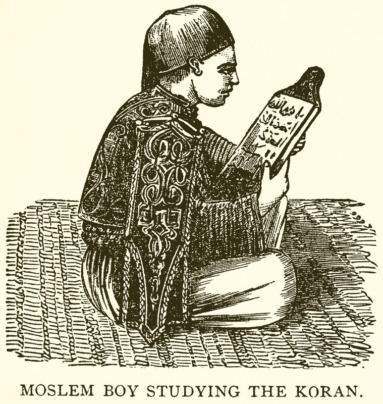 Moslimjongen die de Koran bestudeert door English School