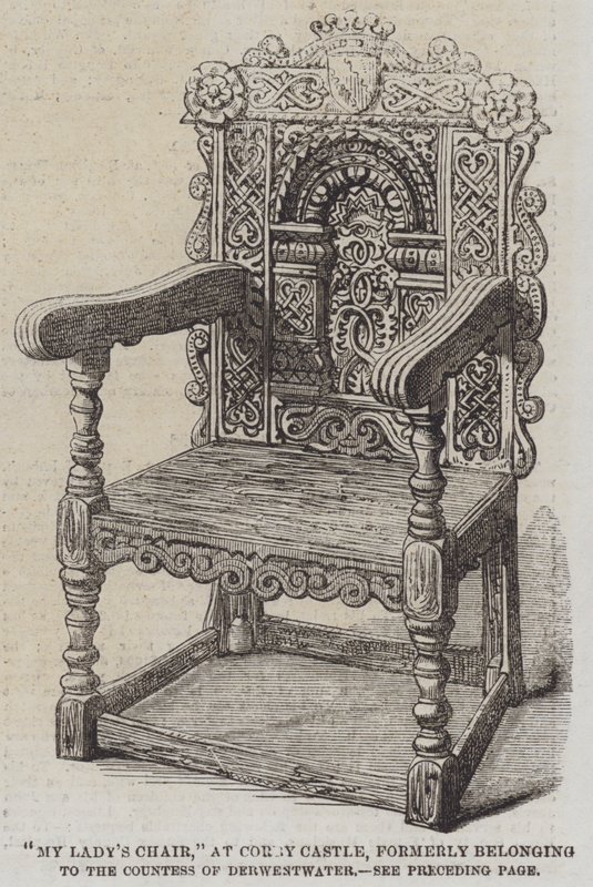 "De stoel van mijn dame," in Corby Castle, voorheen eigendom van de Gravin van Derwestwater (gravure) door English School