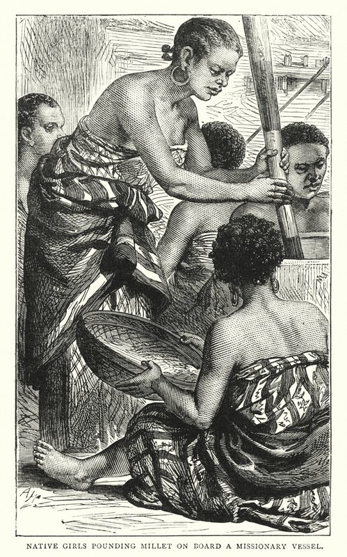 Inheemse meisjes die gierst stampen aan boord van een zendingsschip (gekleurde gravure) door English School