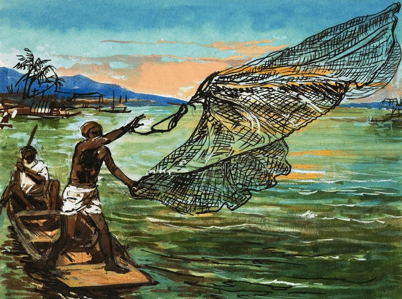 Inboorlingen vissen op de Niger rivier in Afrika door English School