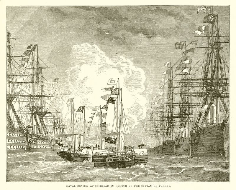 Marineparade bij Spithead ter ere van de sultan van Turkije door English School