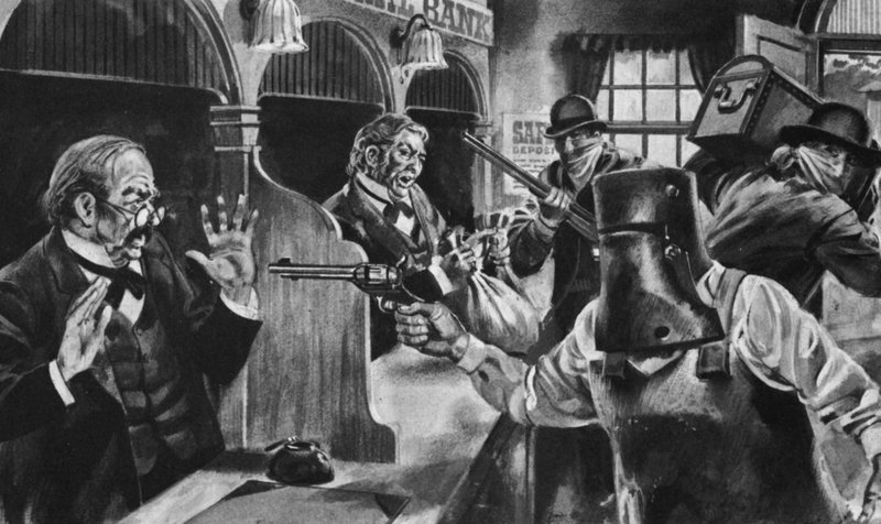 Ned Kelly die een bank overvalt door English School