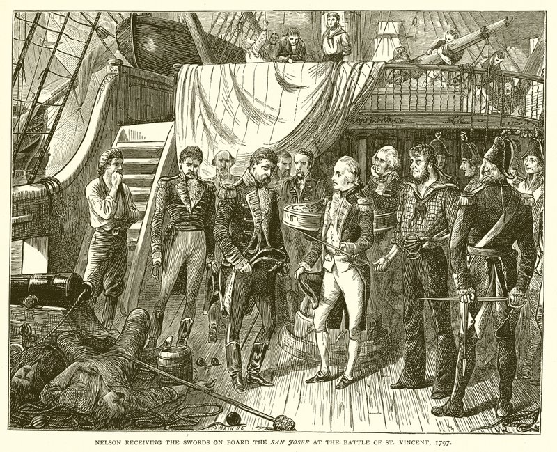 Nelson ontvangt de Zwaarden aan Boord van de San Josef bij de Slag om St. Vincent, 1797 door English School