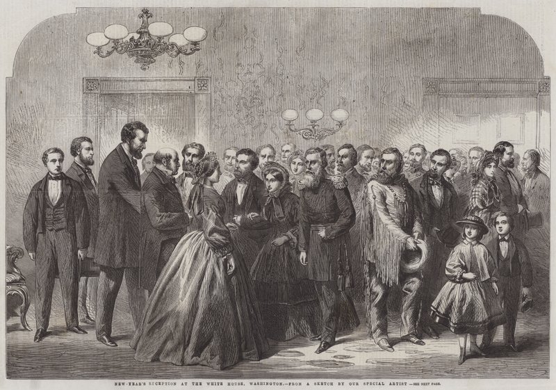 Nieuwjaarsreceptie in het Witte Huis, Washington (gravure) door English School