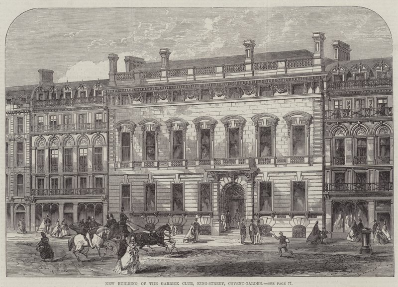 Nieuw gebouw van de Garrick Club, King-Street, Covent-Garden (gravure) door English School