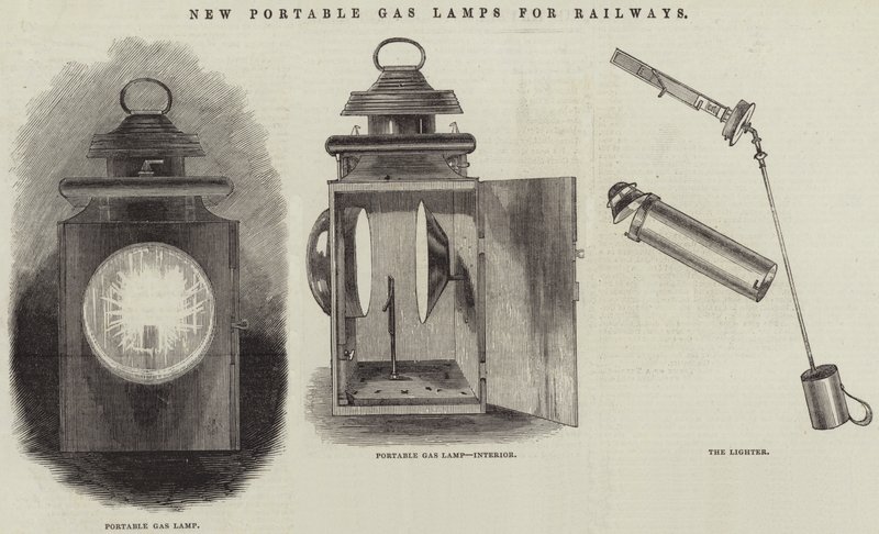 Nieuwe draagbare gaslampen voor spoorwegen (gravure) door English School