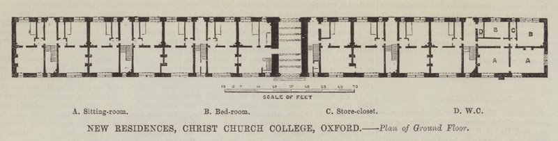 Nieuwe Residenties, Christ Church College, Oxford, Plattegrond van de Begane Grond (gravure) door English School