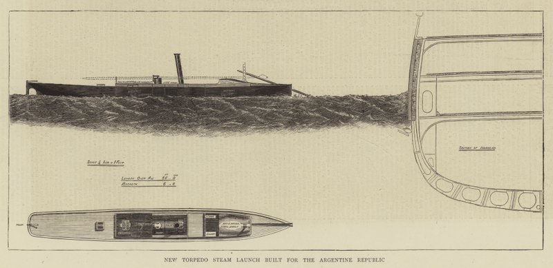 Nieuwe torpedo stoomlancering gebouwd voor de Argentijnse Republiek (gravure) door English School