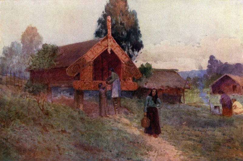 Nieuw-Zeeland: Een Pataka (kleurenlitho) door English School