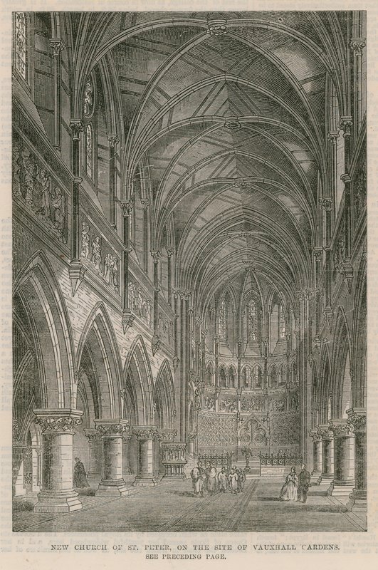 Nieuwe kerk van St. Peter op de plaats van Vauxhall Gardens door English School