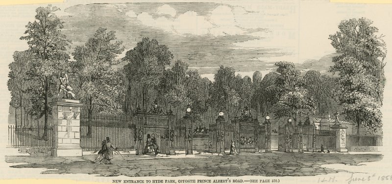 Nieuwe ingang naar Hyde Park, tegenover Prince Alberts Road door English School