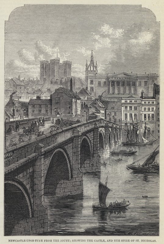 Newcastle-upon-Tyne vanuit het zuiden, met het kasteel en de torenspits van St Nicholas (gravure) door English School