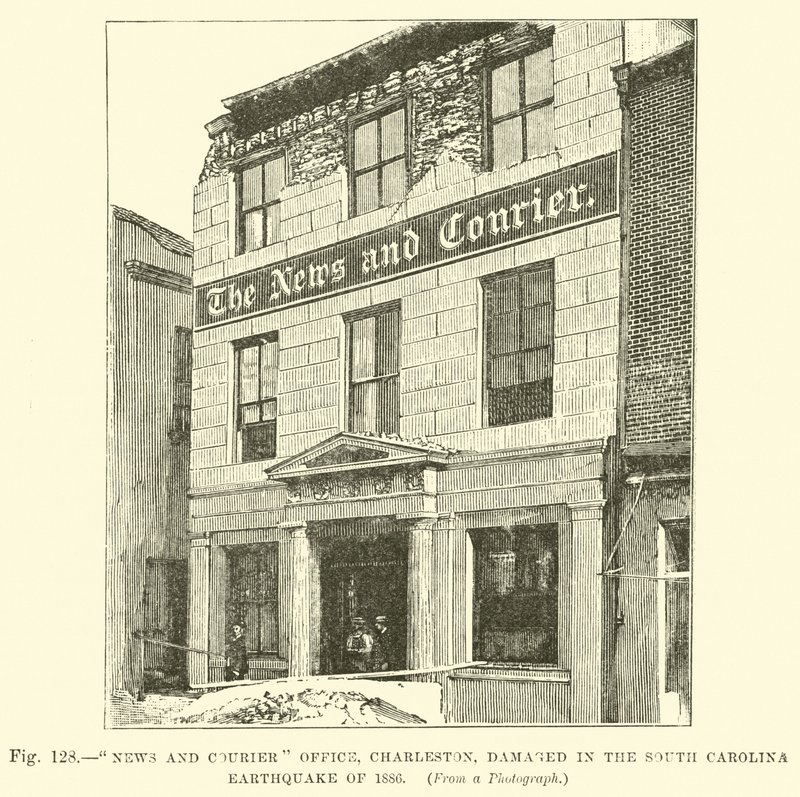Nieuws- en koerierskantoor, Charleston, beschadigd tijdens de aardbeving in South Carolina van 1886 door English School