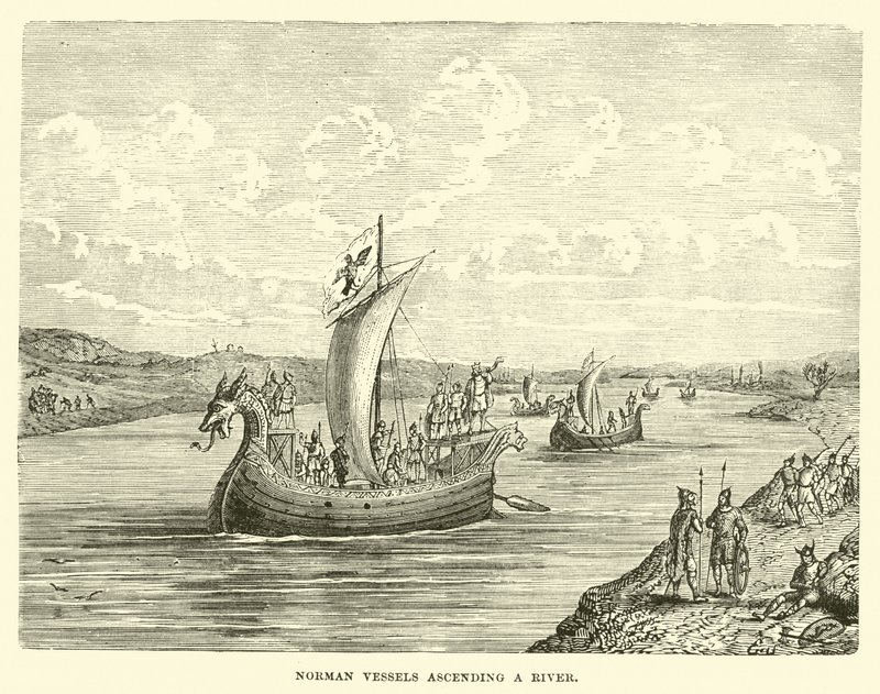 Normandische schepen die een rivier opvaren door English School