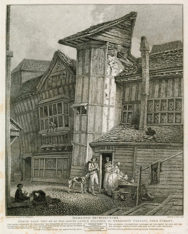 Noordoostelijk uitzicht van een oud huis dat onlangs stond in Sweedons Passage, Grub Street door English School