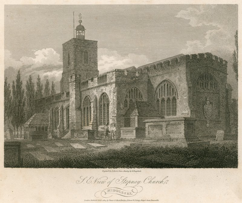 Noordoostelijk uitzicht van Stepney Church, Londen door English School