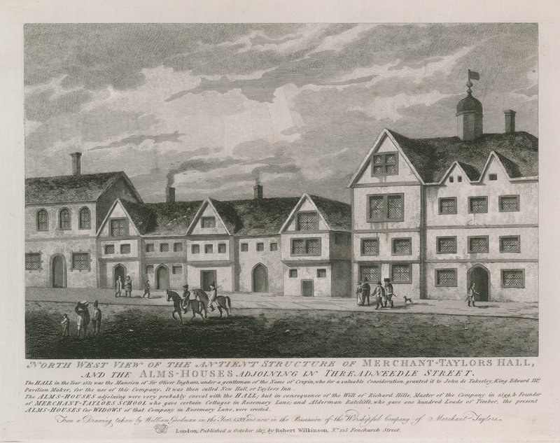 Noordwestelijk uitzicht op de oude structuur van Merchant Taylors Hall door English School
