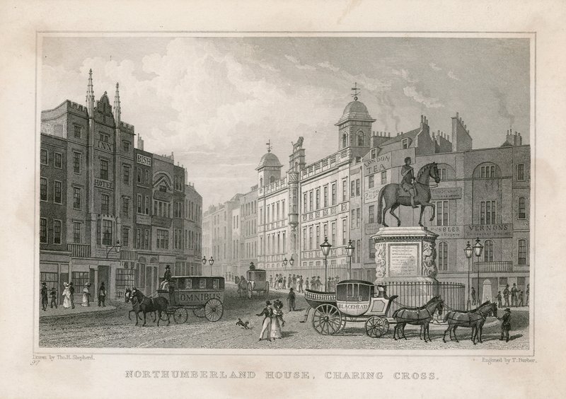 Northumberland House, Charing Cross. Bishs Loterijkantoor, No 9 Charing Cross, is naast het Golden Cross Hotel door English School