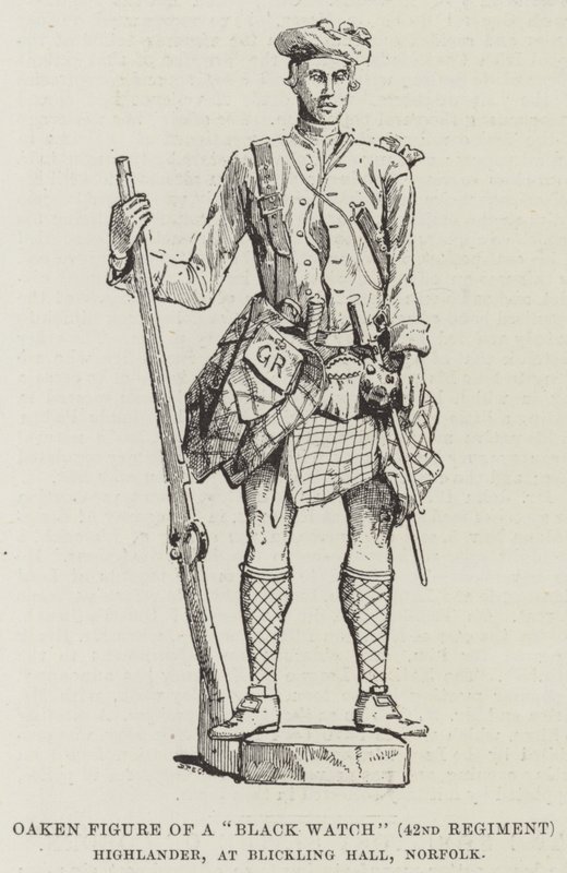 Eikenhouten figuur van een "Black Watch" (42e Regiment) Highlander, in Blickling Hall, Norfolk door English School