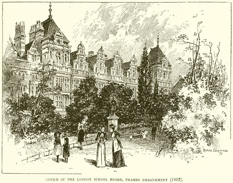 Kantoor van de London School Board, Thames Embankment (1892) door English School