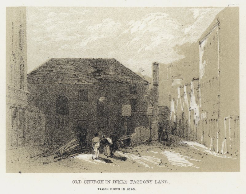 Oude kerk in Inkle Factory Lane, afgebroken in 1845 (gravure) door English School
